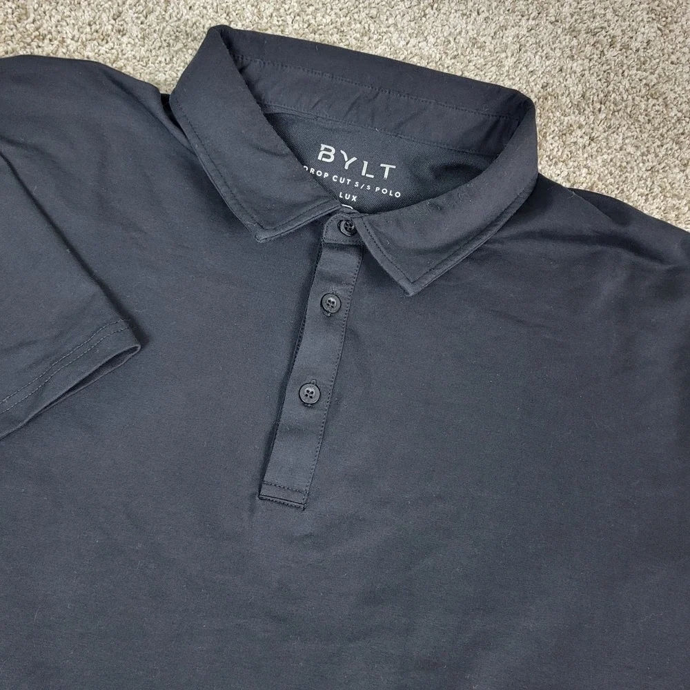 BYLT Drop Cut Lux Mens 2XL Solid Black Performance Stretch Polo‎ Short Sleeve
